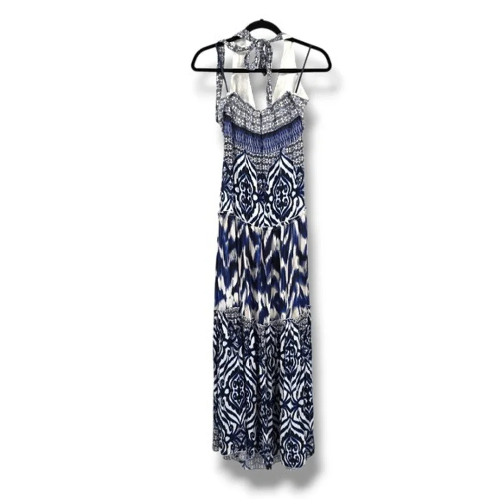 Eva Mendez Maxi Dress‎ Boho Halter Neck Tiered Blue White Floral Size Small - Picture 2 of 10